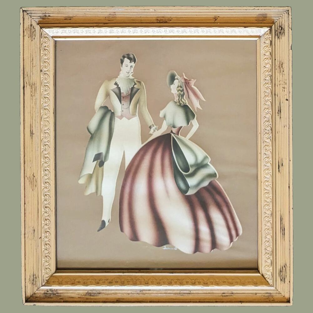 Vintage 1940s Framed Courting Turn of the Century Couple by Turner